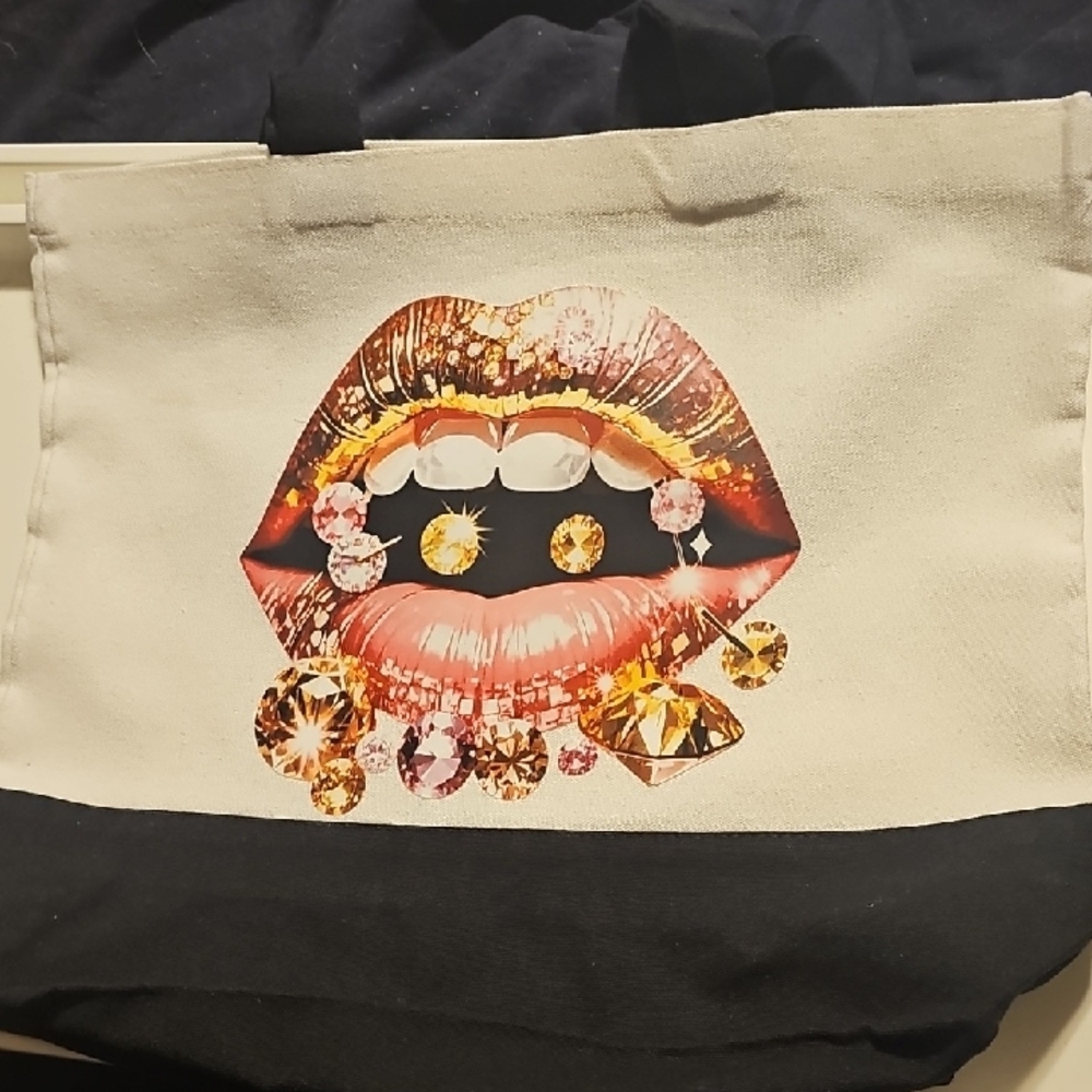 Stylish Black and White Tote Bag with Lip Print